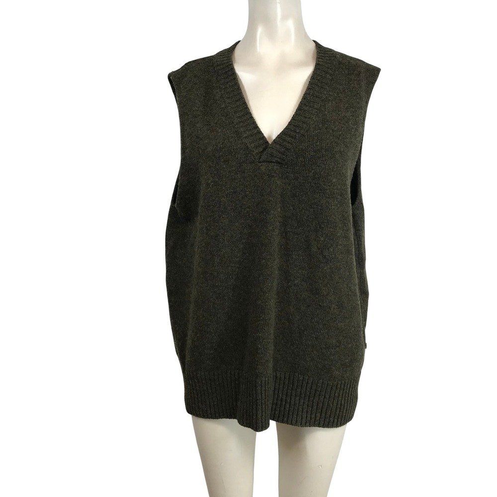 Olive Green Wool Blend V-Neck Sweater Vest Relaxed Fit S/M Heathered Knit